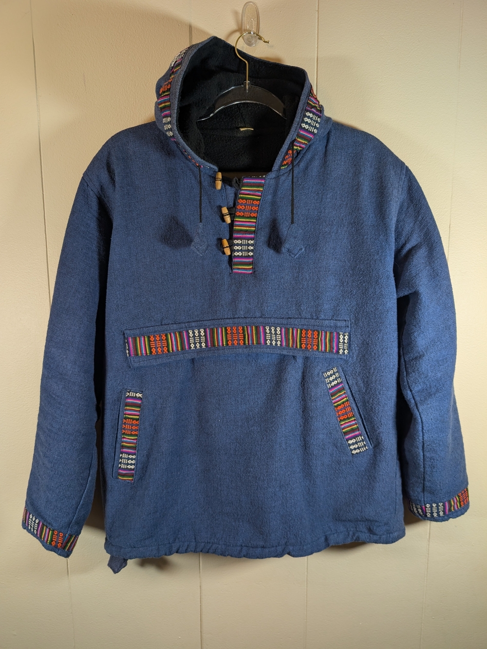 Nepal Blue Baja Hoodie Fleece Lined Woven Gheri Boho Hippie Pullover Large